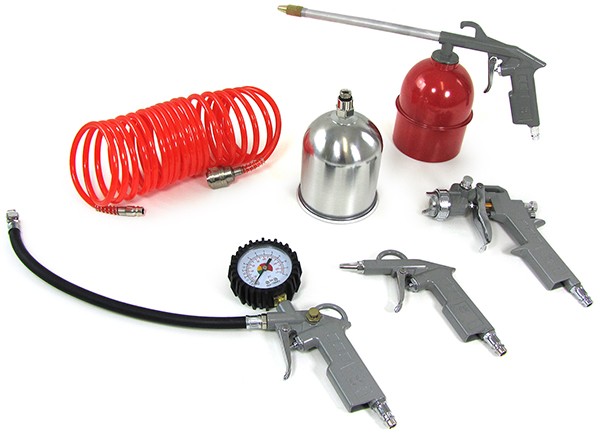 5-pieces airtool set with blowgun, tire inflator, paint gun and 5m-hose