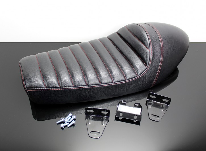 Cafe-Racer SEAT black with hump and parallel red stitching