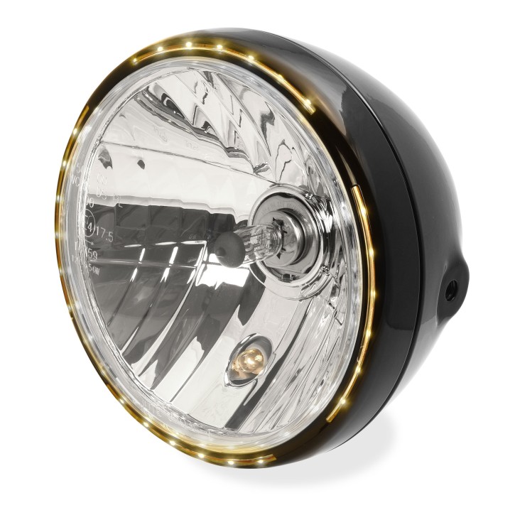 7" Headlight black Sidemount with LED parking light ring
