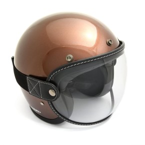 Bubble helmet visor with strap, black leather, clear lense