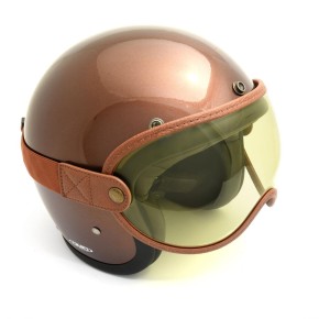 Open Face helmet visor with strap, brown leather yellow