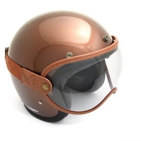 Open Face helmet visor with strap, brown leather clear