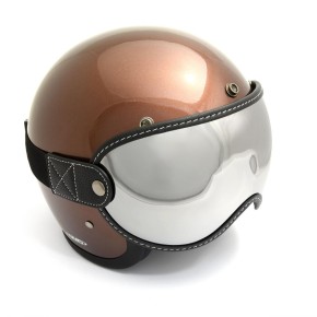 Open Face helmet visor with strap, black leather, chrome lense