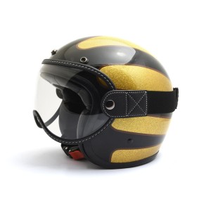 Open Face helmet visor with strap, black leather, clear lense